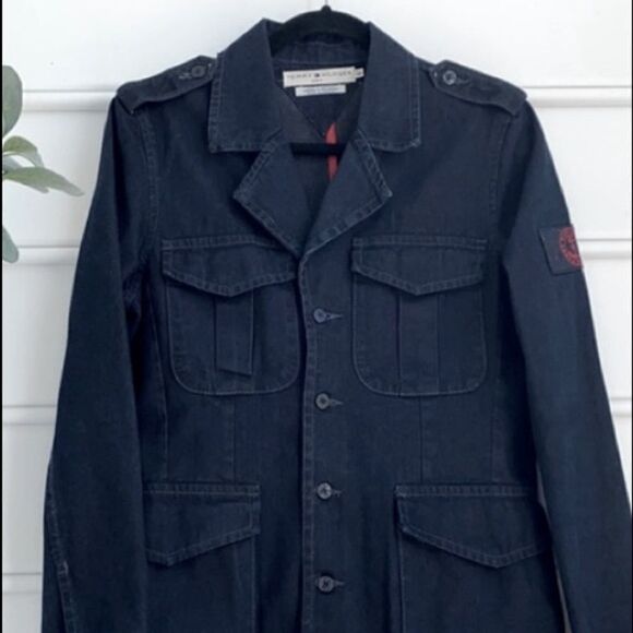 Vintage Tommy Hilfiger Military Inspired Dark Denim Utility Jacket Blue Medium - Picture 2 of 15
